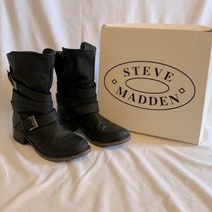 Steve Madden Brewzzer Black Leather Moto Boots, Size 7.5
